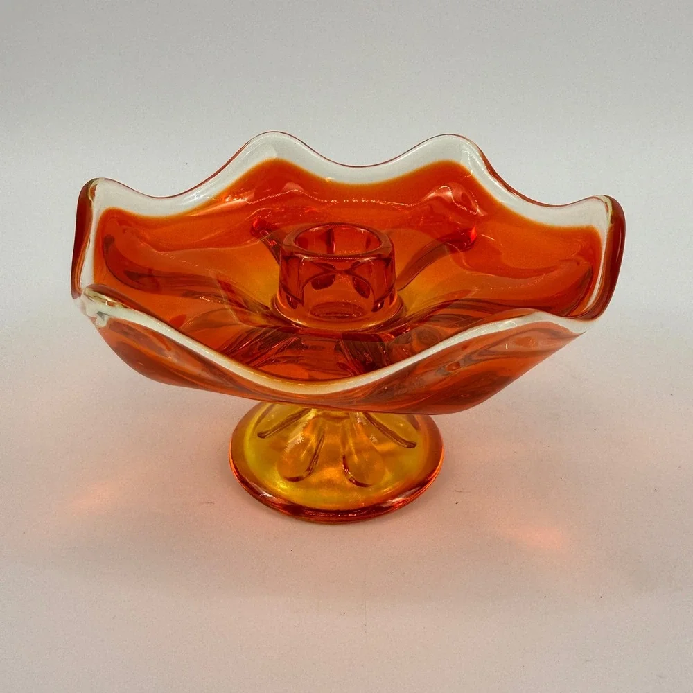 Viking Epic 6 Petal Persimmon Pedestal Taper Candle Holder Art Glass MCM